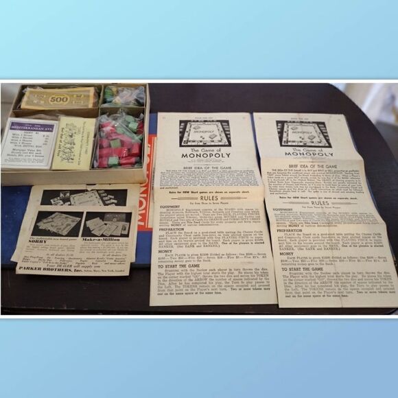 Monopoly 1937 Vintage Board Game Blue Box Parker Brothers Wood Pieces Complete W - Picture 8 of 9